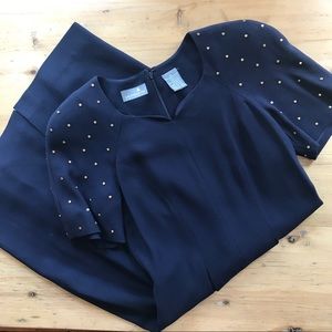Vintage Liz Claiborne Dresses 6 (4) Navy Blue Riveted Sheath Dress Shoulder Pads